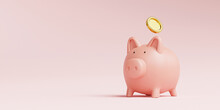 Golden Coins Putting To Pink Piggy Bank, Money Saving For Investment And Financial Planing Concept By 3d Render.