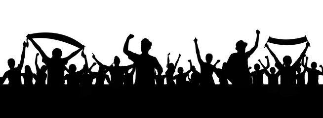 Cheerful people having fun celebrating. Soccer fans crowd silhouette, party and holiday. Soccer and sport fans crowd silhouette