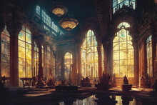 Palace Interior With High Stained-glass Windows Made Of Multi-colored Glass, An Old Majestic Hall, Sun Rays Through The Windows. Dark Fantasy Interior. 3D Illustration.