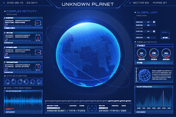 Wall Mural - HUD futuristic alien planet world map hologram. Exploration of an unknown planet. Interactive screen with digital interface