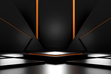 black geometric stage podium and neon light. dark scientific background.stage to show product. stage black on pedestal modern 3d studio dark platform. 3D illustration