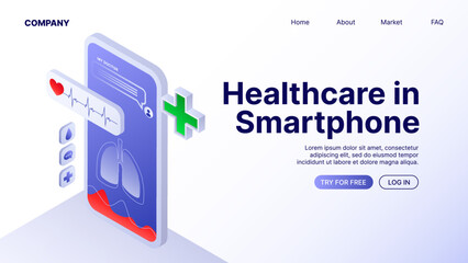 Healthcare in Smartphone. Web Banner. Landing Page Template. . Vector illustration