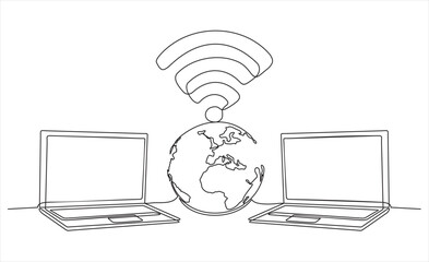 Wall Mural - world with connected computers. one continuous line laptop with worldwide internet, globe access com