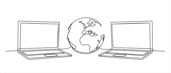 Wall Mural - world with connected computers. one continuous line laptop with worldwide internet, globe access com