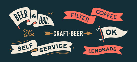 Wall Mural - vintage graphic set. ribbon, flag, arrow, board with text beer, bbq, filter coffee, ok, craft beer. 