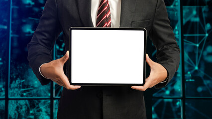 Business man holding and shows touch screen tablet with digital device, technology for .smart working concepts