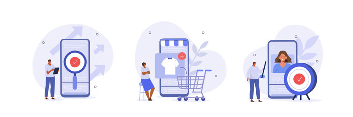 Wall Mural - digital marketing illustration set. characters analyzing mobile market trends, planning seo optimiza