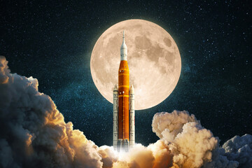 Fototapete - New space rocket is preparing to take off to the moon. Spacecraft successfully launched. Journey to the moon. Ship lift off into the starry sky