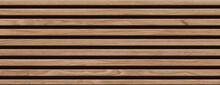 Texture Of Wood Lath Wall Background. Seamless Pattern Of Modern Wall Paneling With Wooden Slats For Background