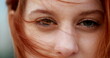 Closeup portrait redhead young woman face looking to camera