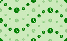 Seamless Pattern Of Large And Small Green Time Symbols. The Elements Are Arranged In A Wavy. Vector Illustration On Light Green Background