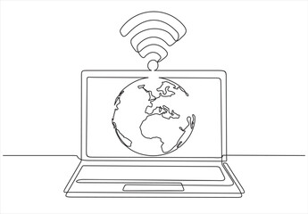Wall Mural - world with connected computer. one continuous line laptop with worldwide internet, globe access comp