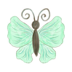 Wall Mural - Stylish watercolor green butterfly in a childish style. Hand-drawn elements for textiles, fabric, wallpaper, stationery, posters, prints, invitations, cards, baby shower, nursery graphics.