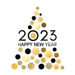 Wall Mural - Happy New Year 2023 greeting card design. Abstract Christmas tree with gold and black circles snowflakes isolated on white background. Shining New Year postcard invitation. Golden vector illustration.