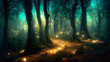 canvas print picture - Gloomy fantasy forest scene at night with glowing lights