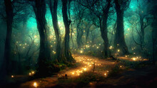 Gloomy Fantasy Forest Scene At Night With Glowing Lights