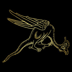 Wall Mural - Fantastic winged dragon or basilisk with rooster head. Medieval Gothic illuminated manuscript motif. Golden silhouette on black background. Hand drawn linear doodle rough sketch.