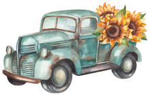 Vintage Light Blue Pickup Truck With Sunflowers
