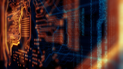 Poster - Printed circuit board futuristic server/Technology background of the abstract computer motherboard, can be used in the description of technological processes, science, education. 
