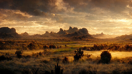 American Wild West Nature Landscape Panoramic Art Illustration. Spectacular View on Beautiful Sunset in American Desert Background. Digital Painting AI Neural Network Computer Generated Art Wallpaper