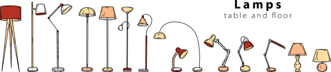 Doodle sketch lamps for the living room, table and floor lamps, hand-painted in different sizes 