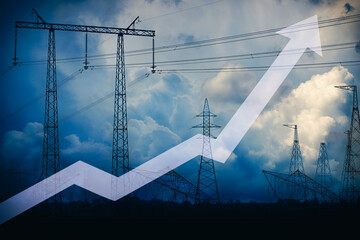rising up arrow against power line silhouette and stormy sky. electricity price growth. energy crisi
