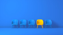 A Yellow Chair That Stands Out From The Chairs Crowd On A Blue Studio Background. Business Concept. 3D Render.