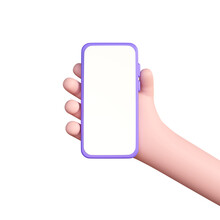 3d Hand Holding A Mobile Phone With A Blank Screen. Smartphone Mockup In Realistic Cartoon Style. Element For Social Media Advertising Banner. 3D Rendering Isolated On White Background.