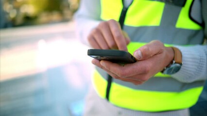 Aufkleber - Phone, hands and communication with an engineer, construction worker or building planner working in his office. Building manager reading a text message on a mobile smartphone while outside on a site