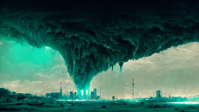 huge tornado above sci-fi metropolis on the blue green ice planet art illustration. space base on co