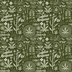 Wall Mural - Vector seamless pattern in retro style on the theme of legalize marijuana. Monochrome repeatable background with hemp leaves, cannabis plants, other sketches and inscriptions on green backdrop