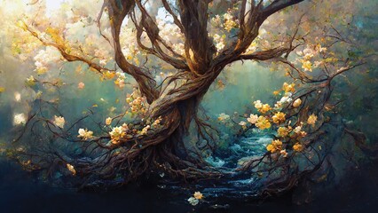 Wall Mural - digital art of blossom tree with yellow flowers, printable wall art, nature background or pattern