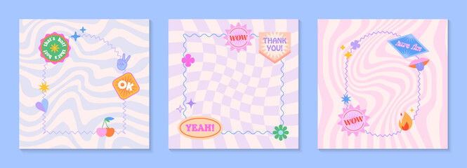 Wall Mural - Vector set of cute fun templates with frames,patches,stickers in 90s style.Modern symbols in y2k aesthetic with text.Trendy groovy designs for banners,social media marketing,branding,packaging,covers