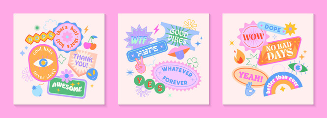 Wall Mural - Vector set of cute fun templates with patches and stickers in 90s style.Modern symbols in y2k aesthetic with text.Trendy kidcore designs for banners,social media marketing,branding,packaging,covers