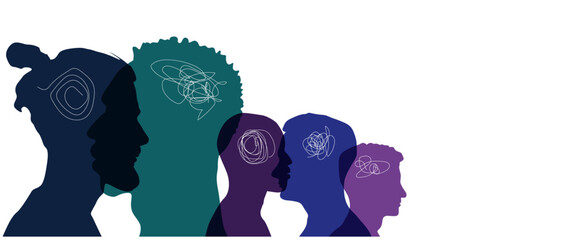 Mental Health Awareness Month banner. People silhouette head isolated.