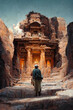 Adventurer and traveller discovering ancient temple illustration