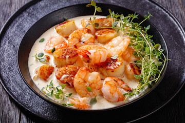 Wall Mural - shrimps and scallops in spicy coconut cream sauce