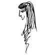 Woman with long loose hair. Female portrait in profle. Hand drawn linear doodle rough sketch. Black silhouette on white background.