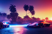 Retro Futuristic Sports Car On The Neon Background Of A Retro Wave Landscape, Illustration In The Style Of The 80s.