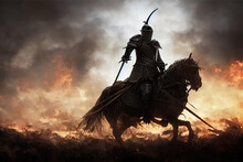 The Knight Finally Rides On A Fiery Flaming Field , Painting Illustration