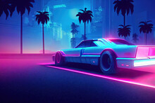 Futuristic Retro Wave Synth Wave Car Among Palm Trees In The Style Of The 80s