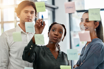 Poster - Working, post it planning and teamwork collaboration with notes of a office work team. Business strategy, corporate schedule or marketing moodboard of staff with diversity busy with a job project