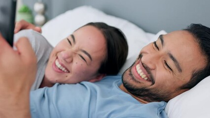 Sticker - Couple reading social media notification on phone, talking with internet on smartphone in bed and doing search on funny app in bedroom. Comic, happy and Asian man and woman smile at meme on web