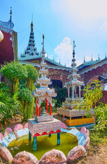 Sticker - The tiny shrines of Wat Chong Kham Temple, Mae Hong Son, Thailand