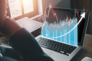 Business finance technology investment concept, Business woman working on computer with holographic graphs and stock market statistics gain profits, Stock Market Investments Funds and Digital Assets..