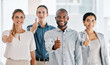 © Malik E/peopleimages.com - Thumbs up, motivation and support team with diversity business people in collaboration for agreement for success. Group of men and women employees together for trust, yes or thank you hand gesture