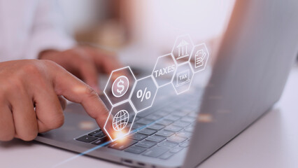 Busines using a computer to complete Individual income tax return form online for tax payment. Government, state taxes. Data analysis, paperwork, financial research, report. Calculation tax return.