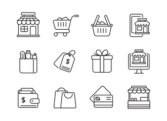 Canvas Print - Set of shop-related icons in linear style isolated on white background