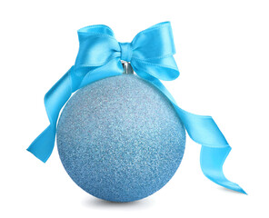 Beautiful light blue Christmas ball with ribbon isolated on white