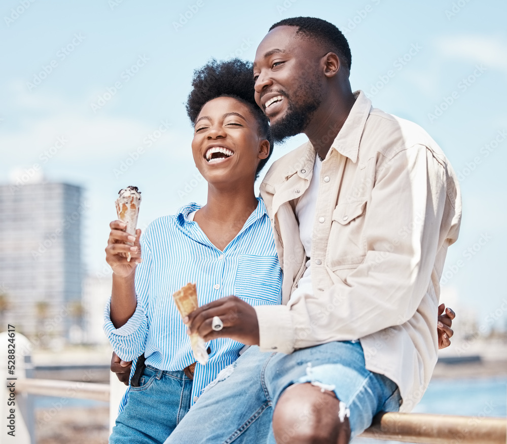 Happy couple at the beach eating an ice cream cone while on a date in nature, image size:1000x876